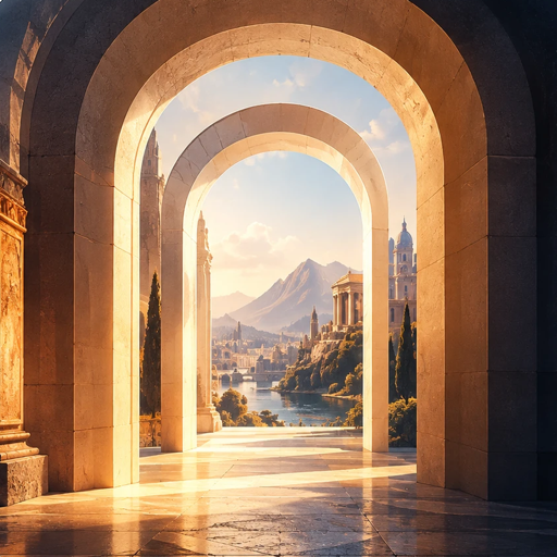 Odyssey app icon: a stone arch opening onto an ancient landscape